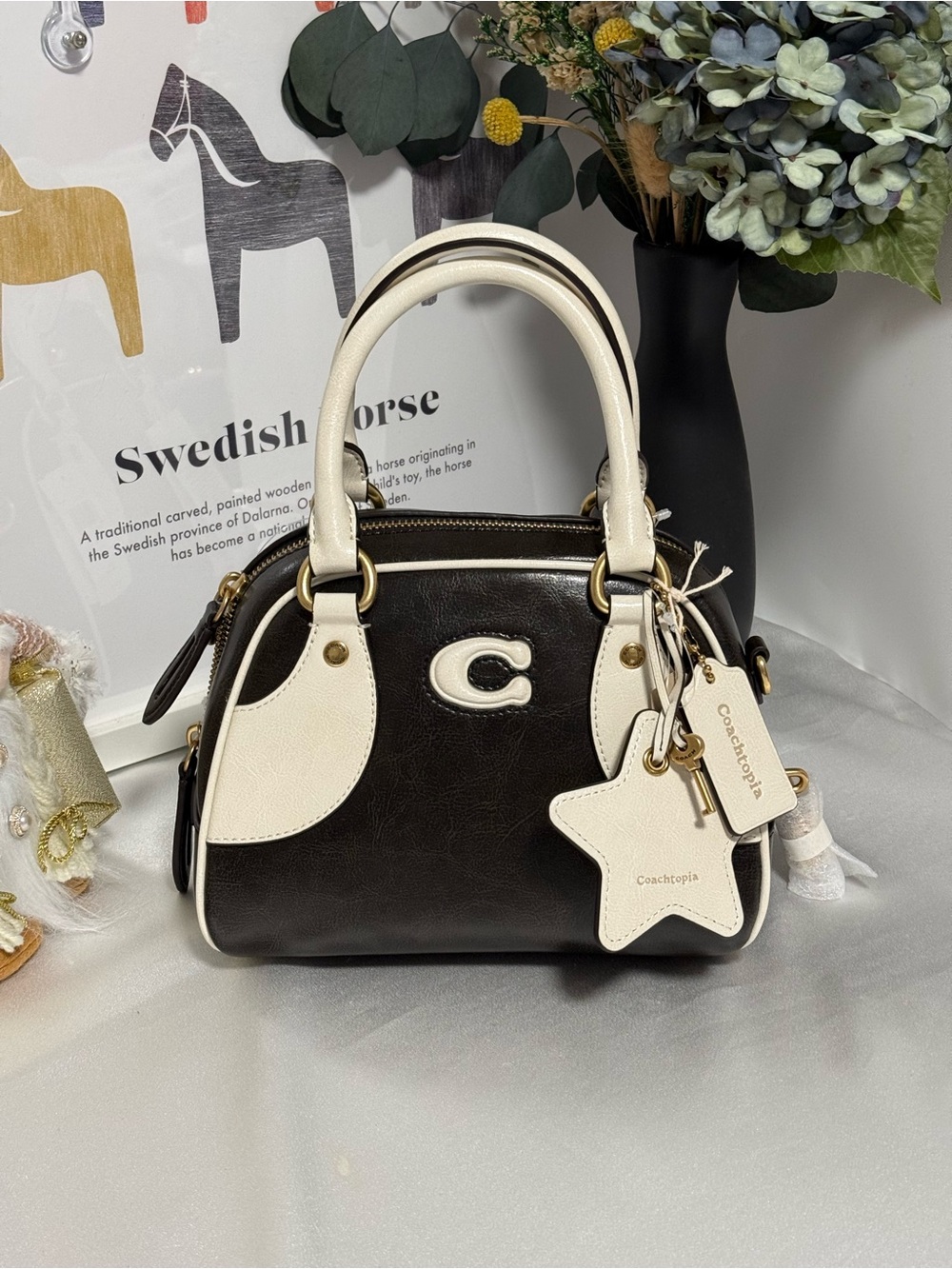 NEW Coach topia Bowling Top Handle Bag in Black & White CDU48